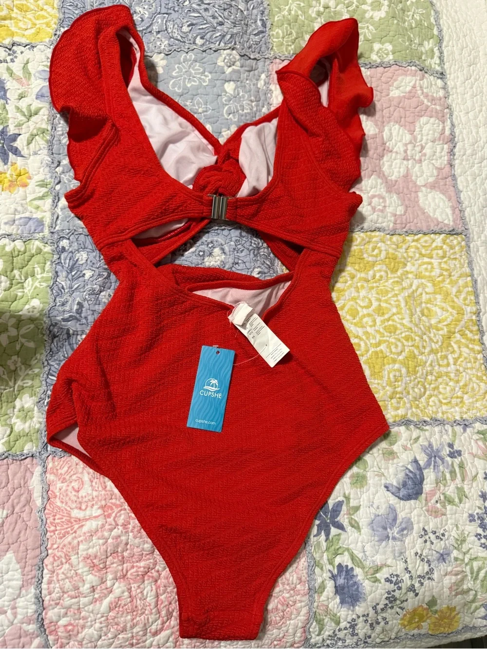 CUPSHE Women’s Red One-Piece Swimsuit with Ruffle Straps - size Small NWT